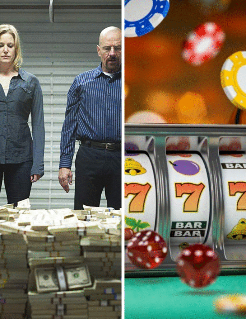 Walter White y Skyler con montones de dinero junto a tragamonedas online — ¿La única forma legal de hacerte millonario desde casa?