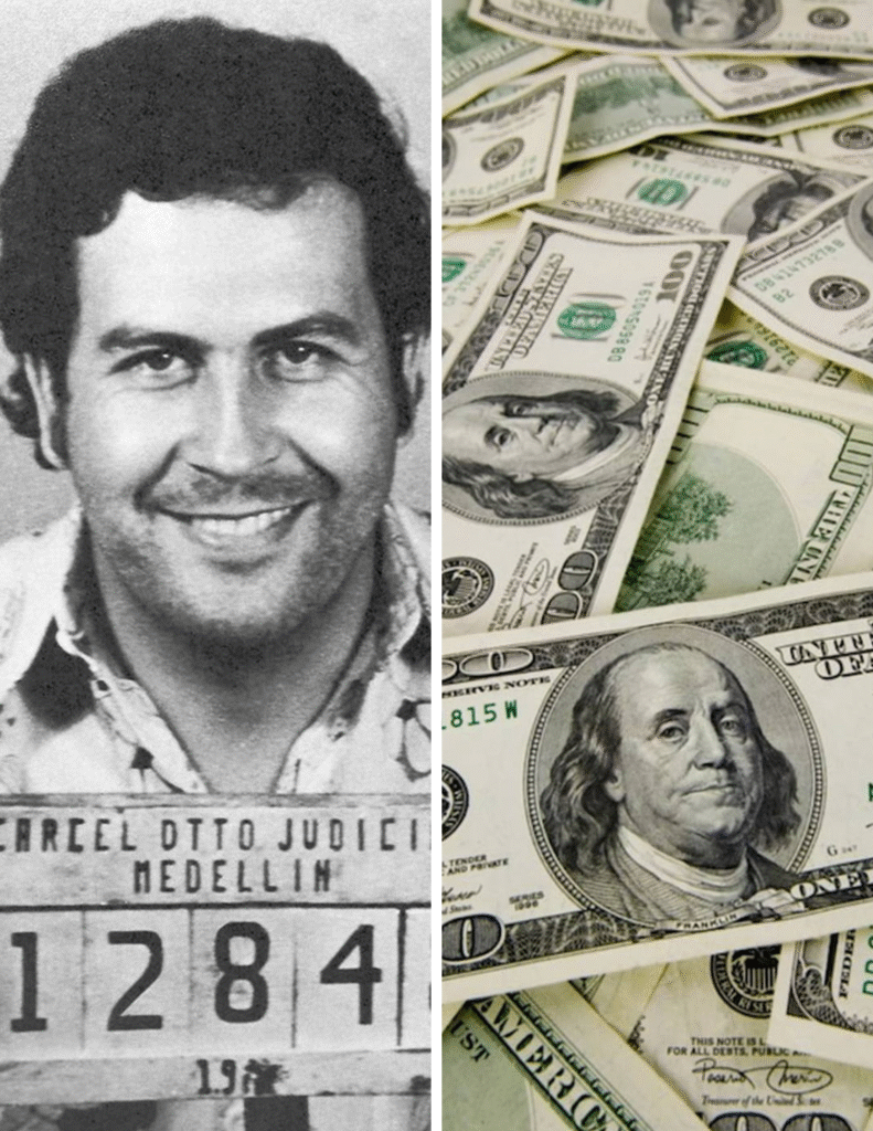 Pablo Escobar rodeado de dinero representando las apuestas más arriesgadas y rentables en casinos en línea